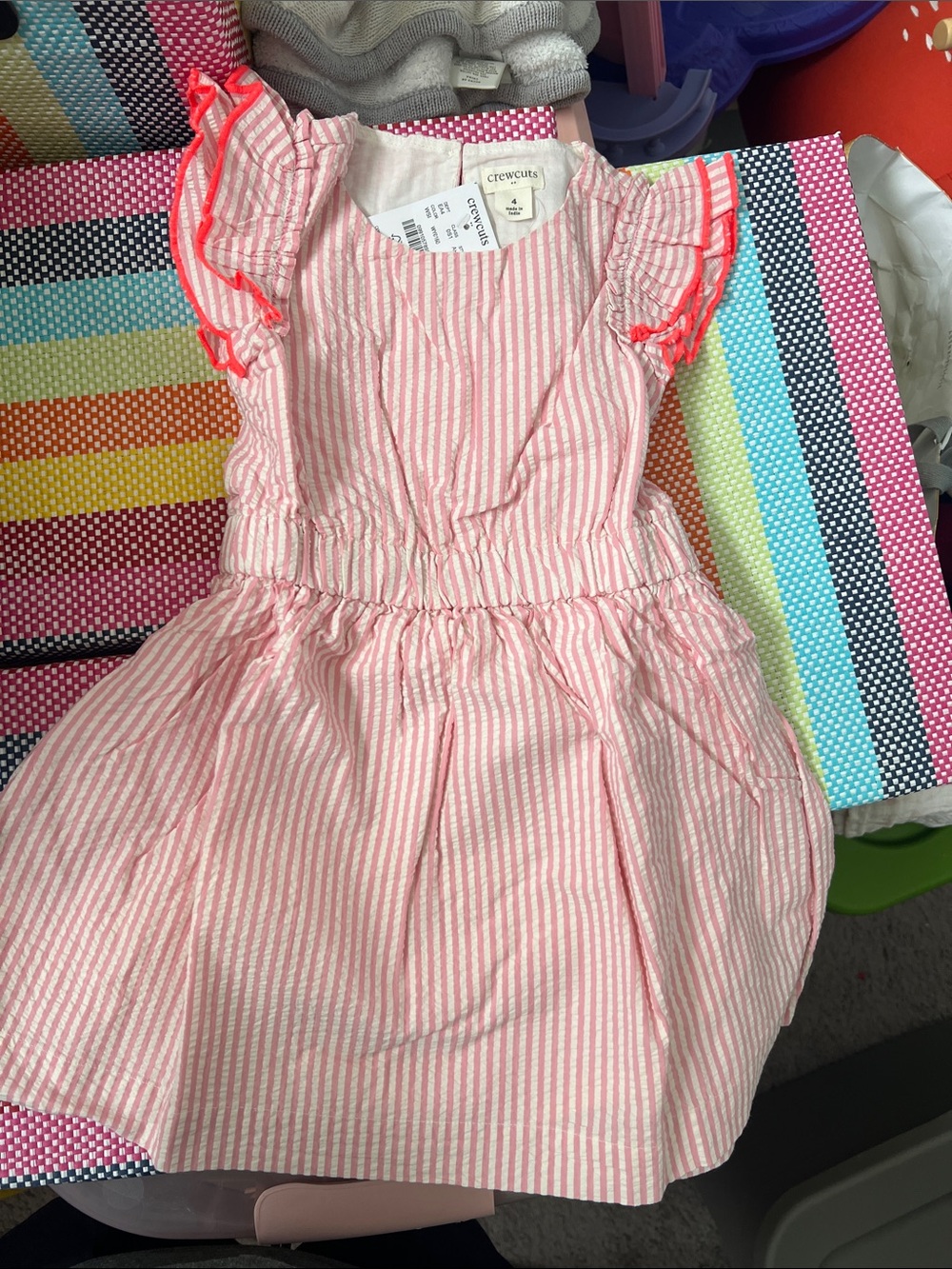Crewcuts Pink and White Striped Ruffle-Sleeve Dress with Neon Trim